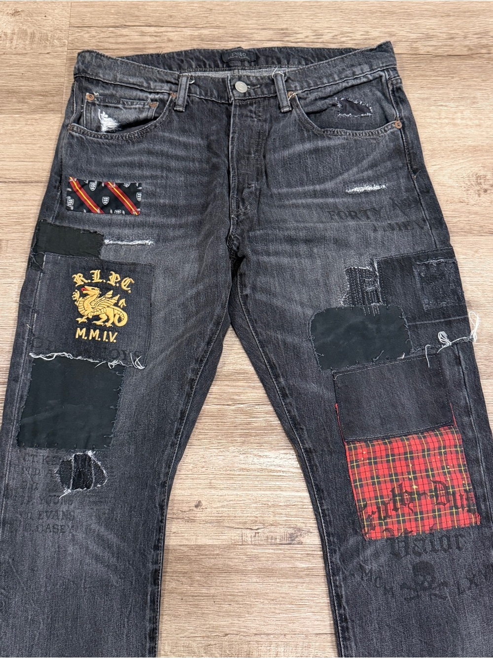 Polo Ralph Lauren Jeans 32x30 Black Sullivan Slim Distressed Patchwork Graffiti - Picture 2 of 6